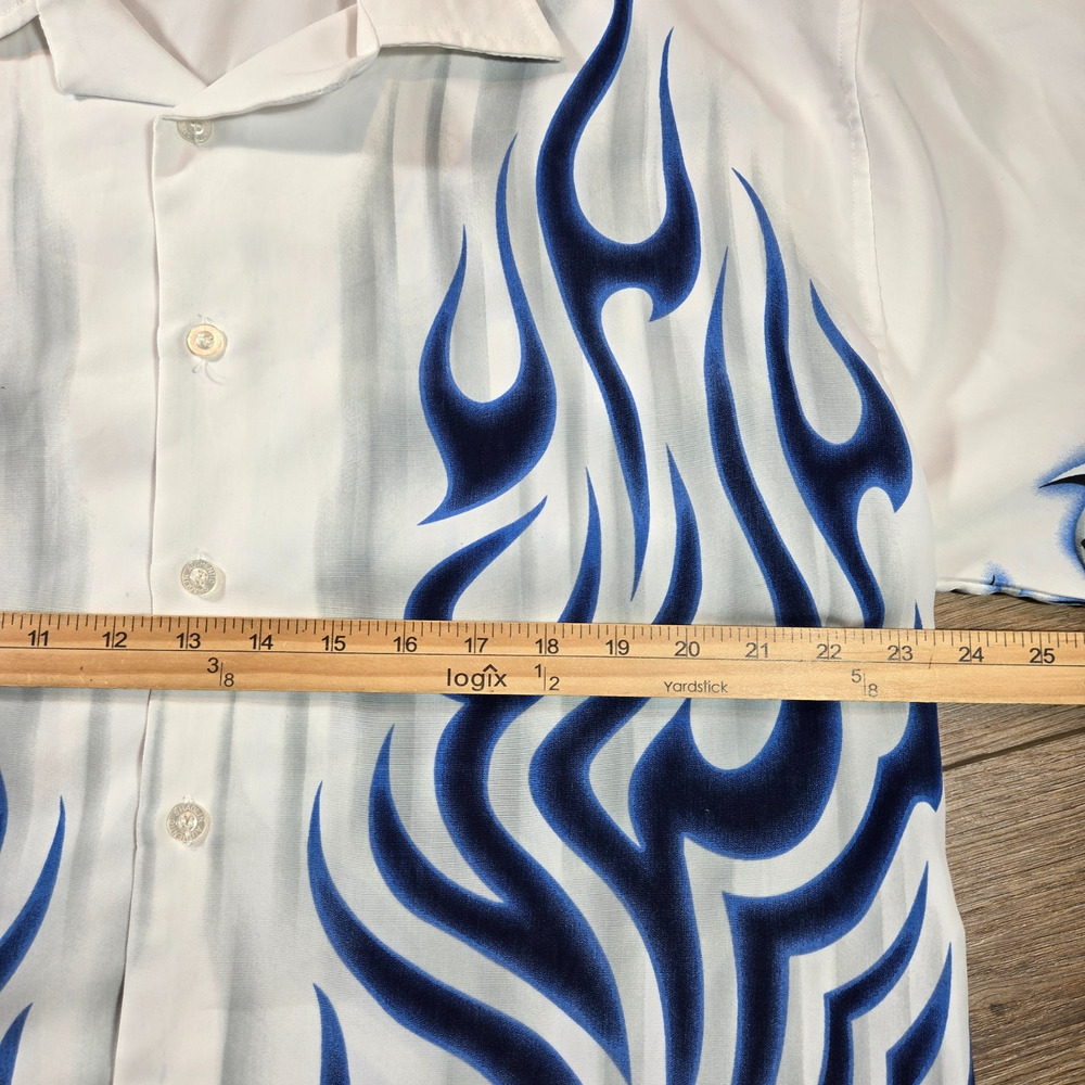Authentic Shaolin Shirt Mens L White Blue Flame Button Up Short Sleeve Y2K Style - Picture 6 of 8